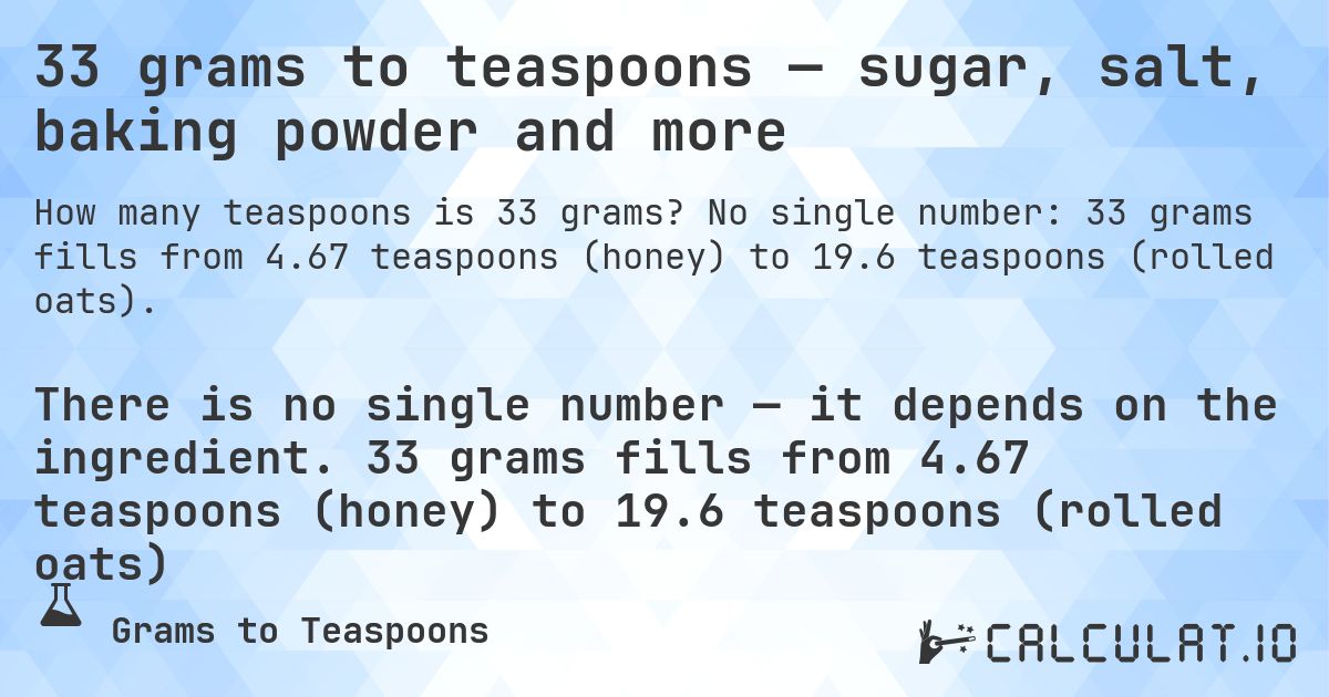33 grams to teaspoons — sugar, salt, baking powder and more. No single number: 33 grams fills from 4.67 teaspoons (honey) to 19.6 teaspoons (rolled oats).