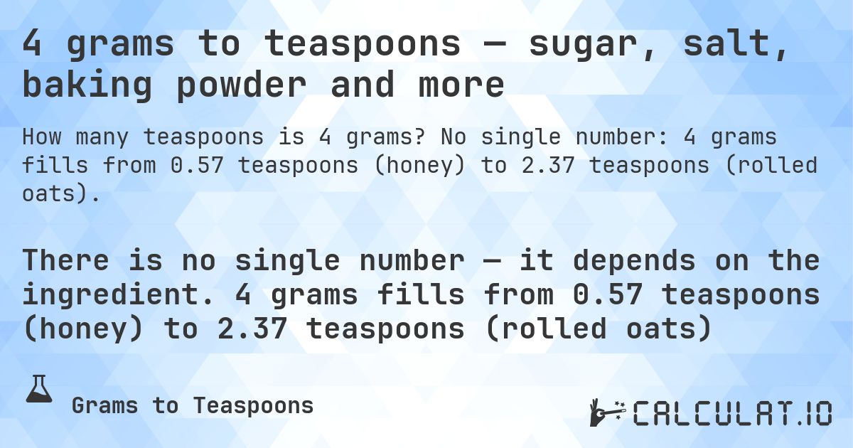 4 grams to teaspoons — sugar, salt, baking powder and more. No single number: 4 grams fills from 0.57 teaspoons (honey) to 2.37 teaspoons (rolled oats).