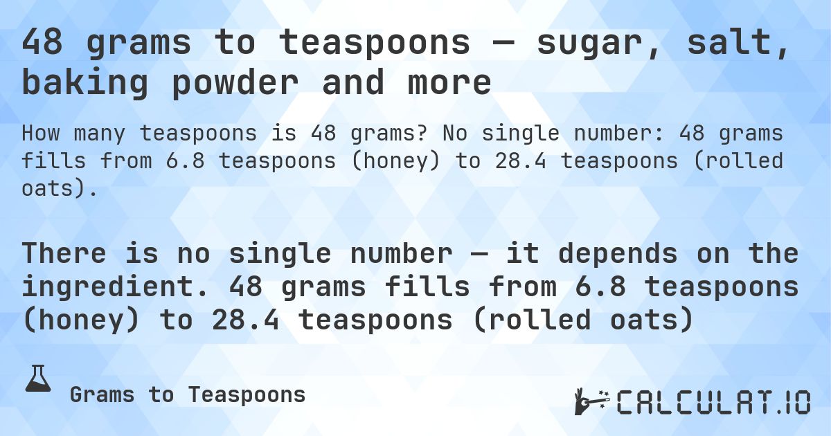 48 grams to teaspoons — sugar, salt, baking powder and more. No single number: 48 grams fills from 6.8 teaspoons (honey) to 28.4 teaspoons (rolled oats).