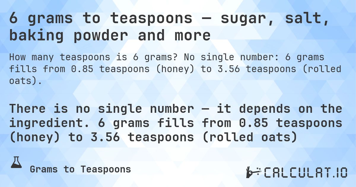 6 grams to teaspoons — sugar, salt, baking powder and more. No single number: 6 grams fills from 0.85 teaspoons (honey) to 3.56 teaspoons (rolled oats).