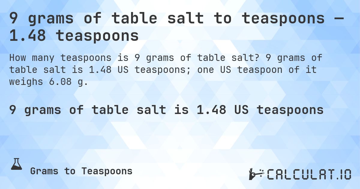 9 grams of table salt to teaspoons — 1.48 teaspoons. 9 grams of table salt is 1.48 US teaspoons; one US teaspoon of it weighs 6.08 g.