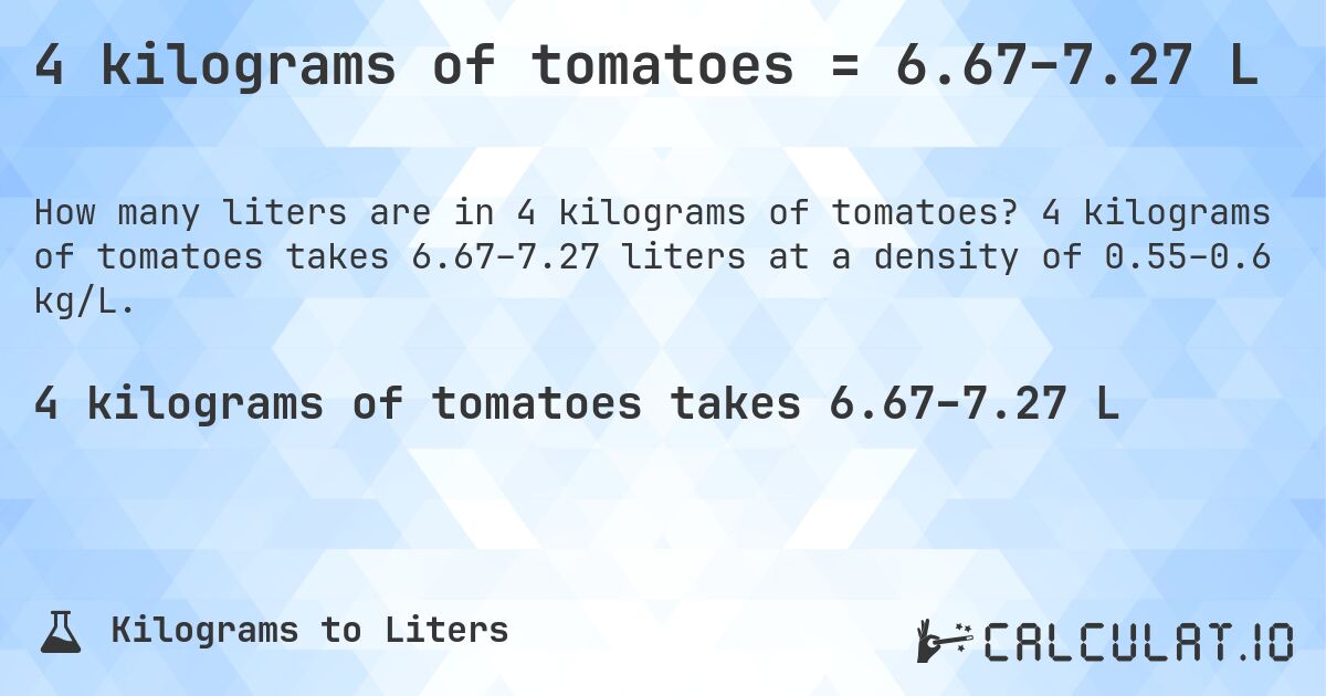 4 kilograms of tomatoes = 6.67–7.27 L. 4 kilograms of tomatoes takes 6.67–7.27 liters at a density of 0.55–0.6 kg/L.