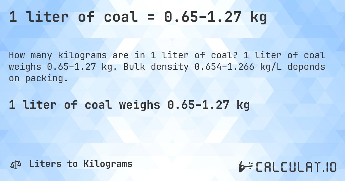 1 liter of coal = 0.65–1.27 kg. 1 liter of coal weighs 0.65–1.27 kg. Bulk density 0.654–1.266 kg/L depends on packing.