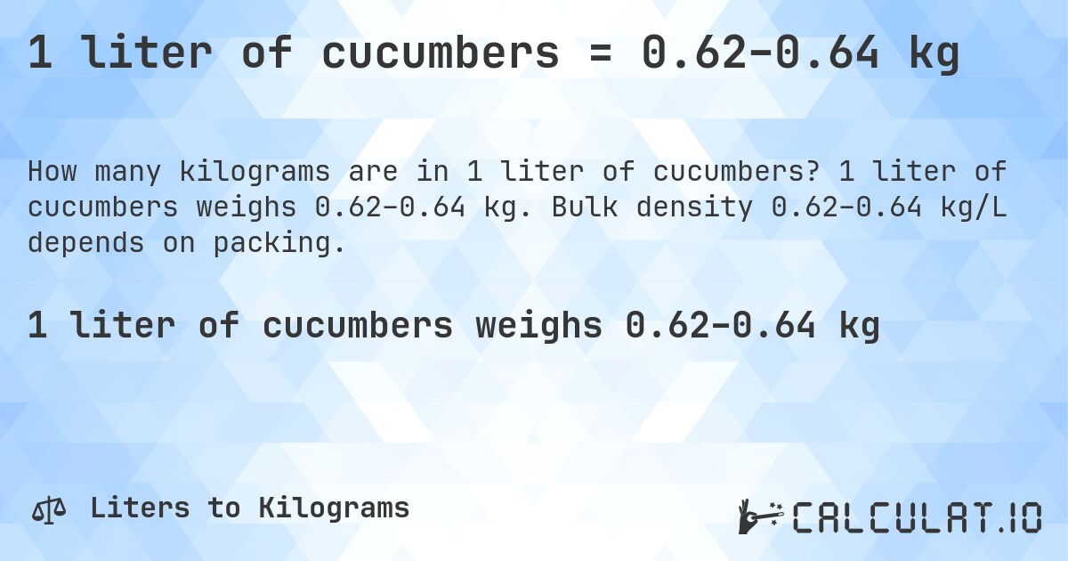 1 liter of cucumbers = 0.62–0.64 kg. 1 liter of cucumbers weighs 0.62–0.64 kg. Bulk density 0.62–0.64 kg/L depends on packing.