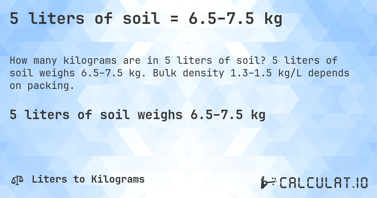 5 liters of soil = 6.5–7.5 kg. 5 liters of soil weighs 6.5–7.5 kg. Bulk density 1.3–1.5 kg/L depends on packing.