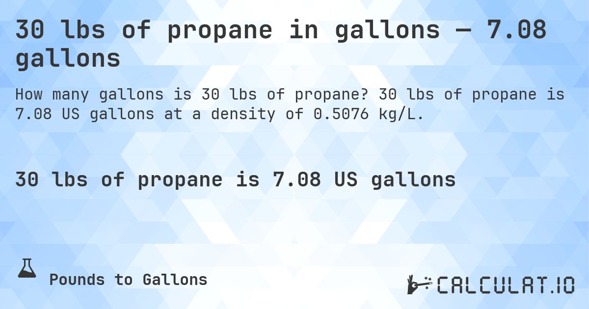 30 lbs of propane in gallons — 7.08 gallons. 30 lbs of propane is 7.08 US gallons at a density of 0.5076 kg/L.