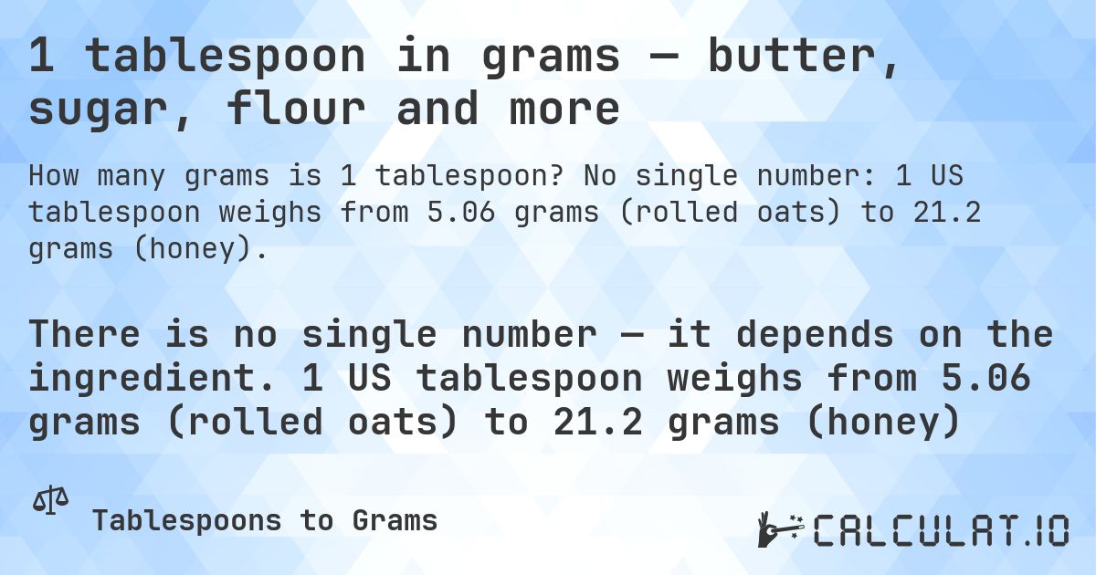 1 tablespoon in grams — butter, sugar, flour and more. No single number: 1 US tablespoon weighs from 5.06 grams (rolled oats) to 21.2 grams (honey).