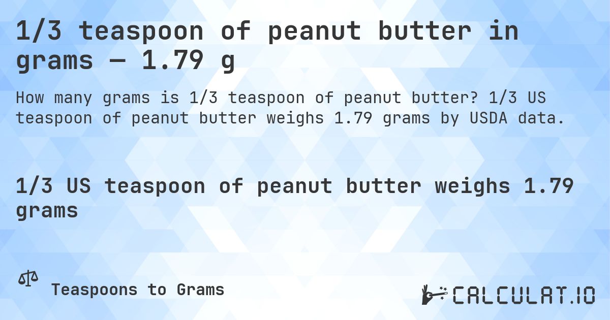 1/3 teaspoon of peanut butter in grams — 1.79 g. 1/3 US teaspoon of peanut butter weighs 1.79 grams by USDA data.