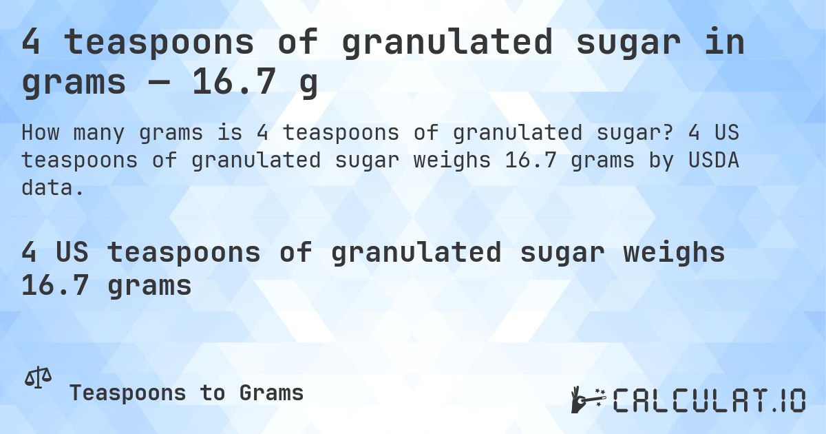 4 teaspoons of granulated sugar in grams — 16.7 g. 4 US teaspoons of granulated sugar weighs 16.7 grams by USDA data.