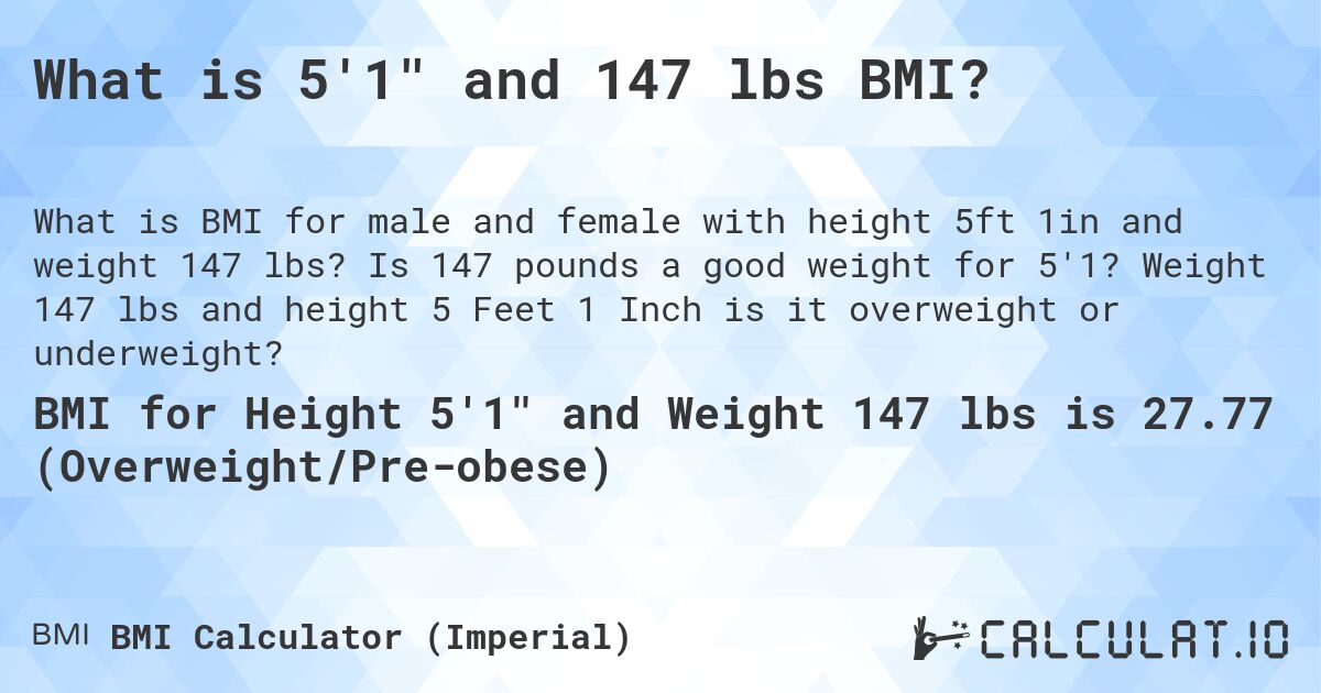 What is 5'1 and 147 lbs BMI?. Is 147 pounds a good weight for 5'1? Weight 147 lbs and height 5 Feet 1 Inch is it overweight or underweight?