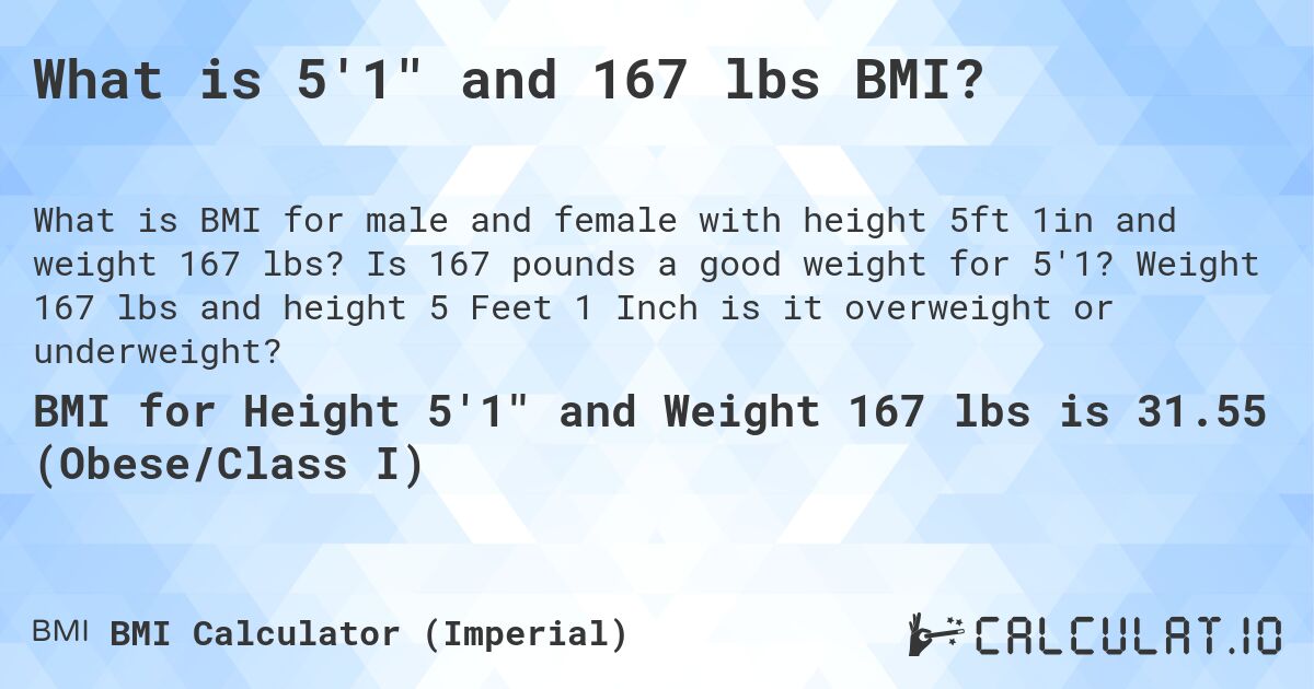 What is 5'1 and 167 lbs BMI?. Is 167 pounds a good weight for 5'1? Weight 167 lbs and height 5 Feet 1 Inch is it overweight or underweight?