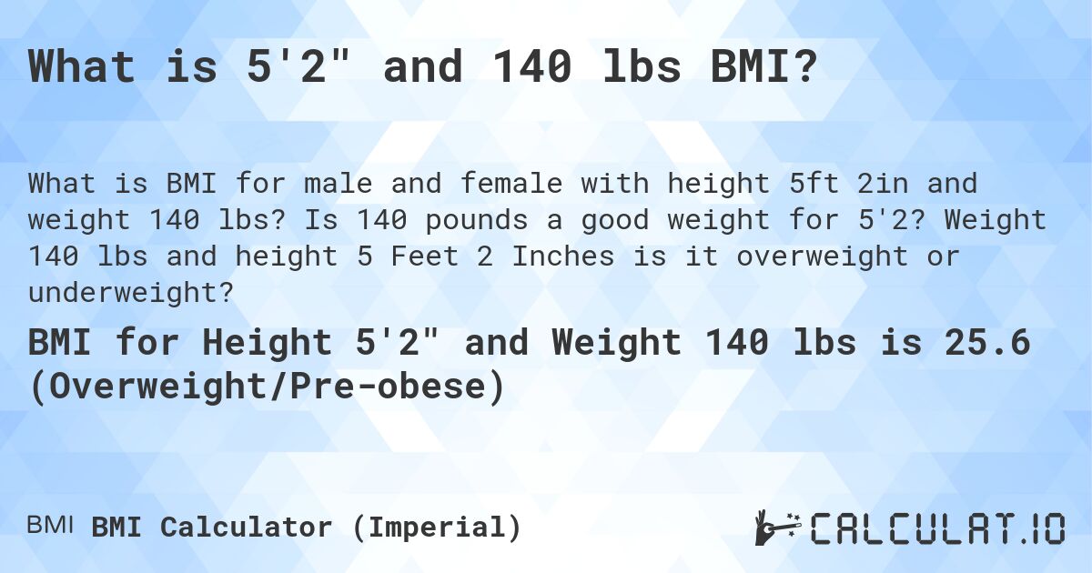 What is 5'2 and 140 lbs BMI?. Is 140 pounds a good weight for 5'2? Weight 140 lbs and height 5 Feet 2 Inches is it overweight or underweight?
