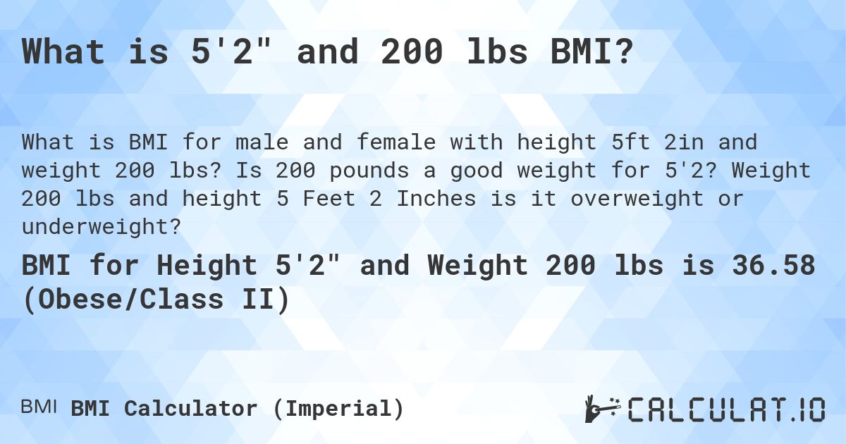 What is 5'2 and 200 lbs BMI?. Is 200 pounds a good weight for 5'2? Weight 200 lbs and height 5 Feet 2 Inches is it overweight or underweight?