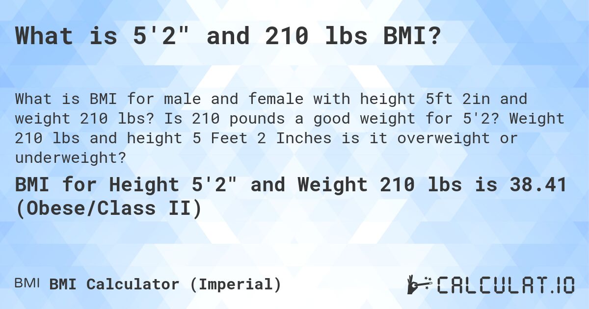 What is 5'2 and 210 lbs BMI?. Is 210 pounds a good weight for 5'2? Weight 210 lbs and height 5 Feet 2 Inches is it overweight or underweight?