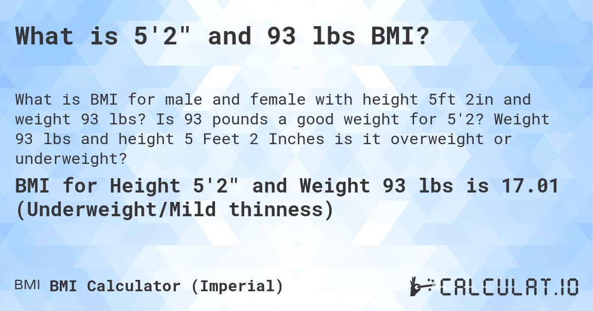 What is 5'2 and 93 lbs BMI?. Is 93 pounds a good weight for 5'2? Weight 93 lbs and height 5 Feet 2 Inches is it overweight or underweight?