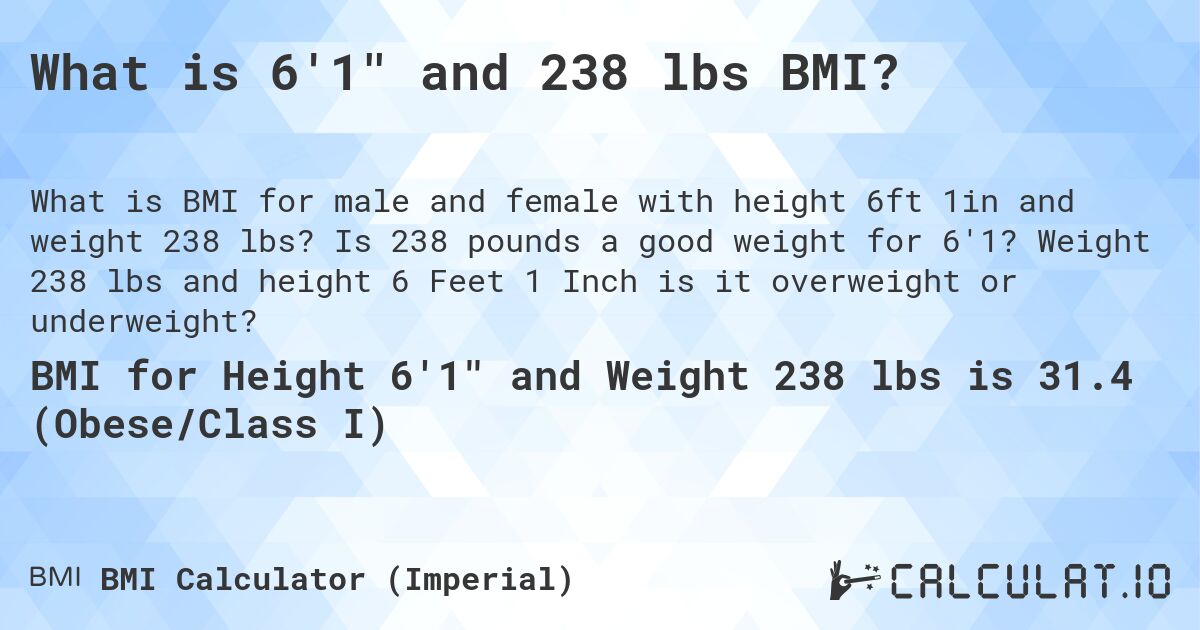 What is 6'1 and 238 lbs BMI?. Is 238 pounds a good weight for 6'1? Weight 238 lbs and height 6 Feet 1 Inch is it overweight or underweight?