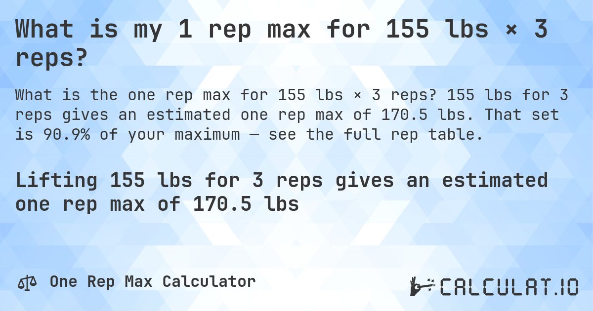 What is my 1 rep max for 155 lbs × 3 reps?. 155 lbs for 3 reps gives an estimated one rep max of 170.5 lbs. That set is 90.9% of your maximum — see the full rep table.