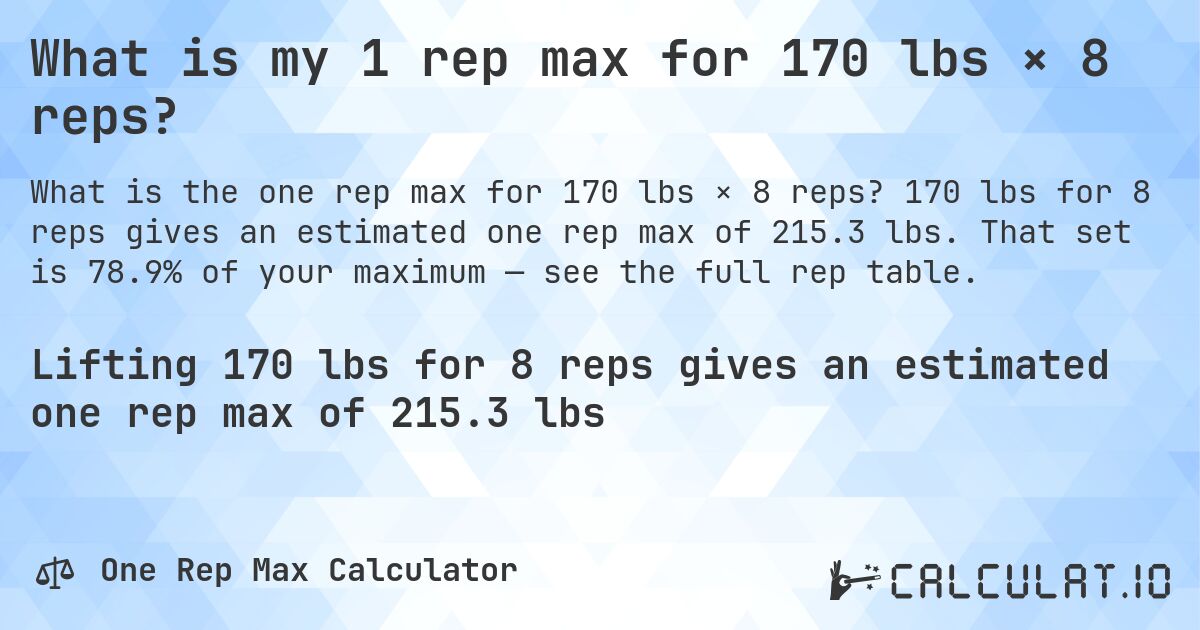 What is my 1 rep max for 170 lbs × 8 reps?. 170 lbs for 8 reps gives an estimated one rep max of 215.3 lbs. That set is 78.9% of your maximum — see the full rep table.