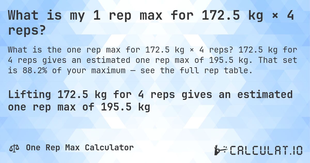 What is my 1 rep max for 172.5 kg × 4 reps?. 172.5 kg for 4 reps gives an estimated one rep max of 195.5 kg. That set is 88.2% of your maximum — see the full rep table.