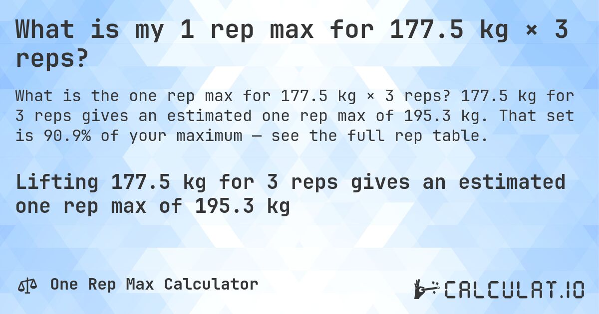 What is my 1 rep max for 177.5 kg × 3 reps?. 177.5 kg for 3 reps gives an estimated one rep max of 195.3 kg. That set is 90.9% of your maximum — see the full rep table.