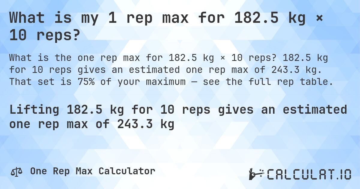 What is my 1 rep max for 182.5 kg × 10 reps?. 182.5 kg for 10 reps gives an estimated one rep max of 243.3 kg. That set is 75% of your maximum — see the full rep table.