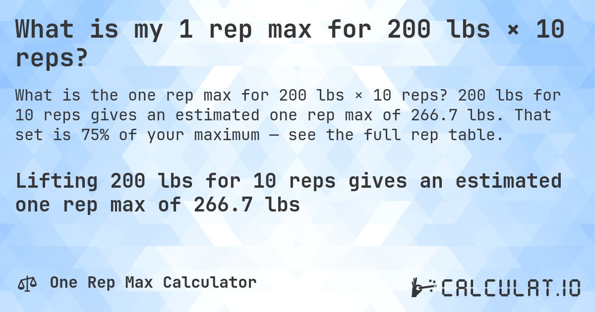 What is my 1 rep max for 200 lbs × 10 reps?. 200 lbs for 10 reps gives an estimated one rep max of 266.7 lbs. That set is 75% of your maximum — see the full rep table.