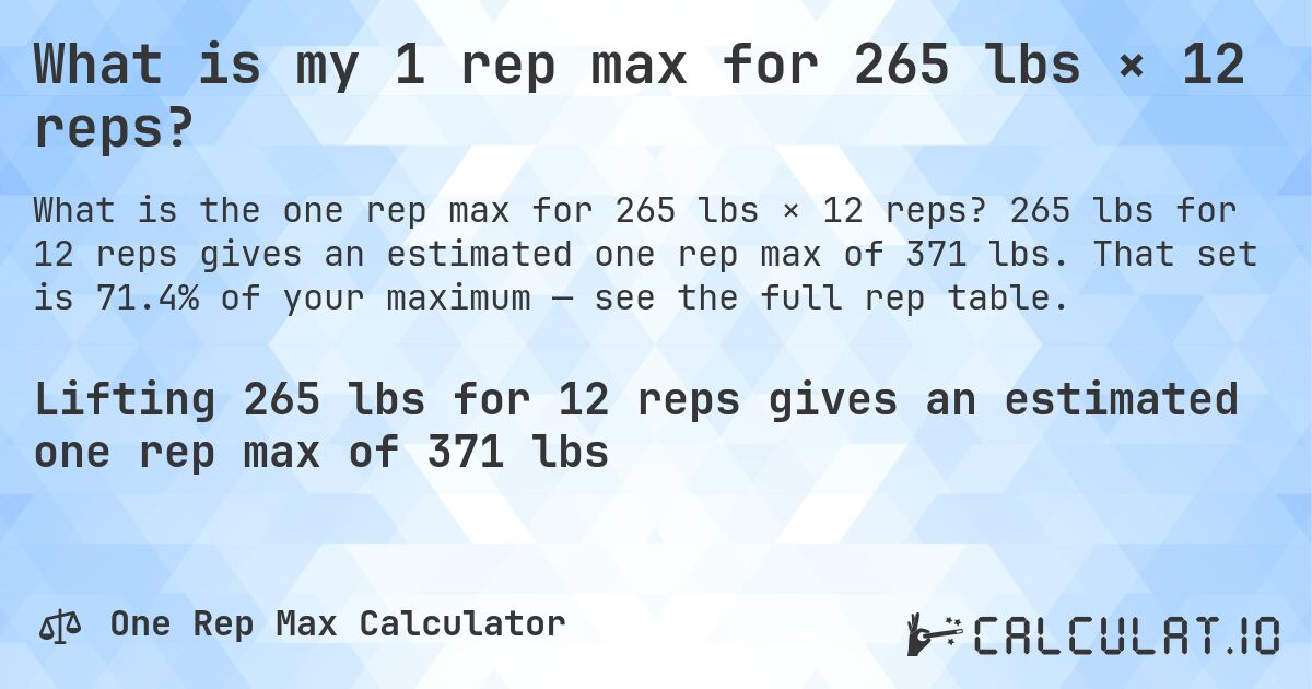 What is my 1 rep max for 265 lbs × 12 reps?. 265 lbs for 12 reps gives an estimated one rep max of 371 lbs. That set is 71.4% of your maximum — see the full rep table.