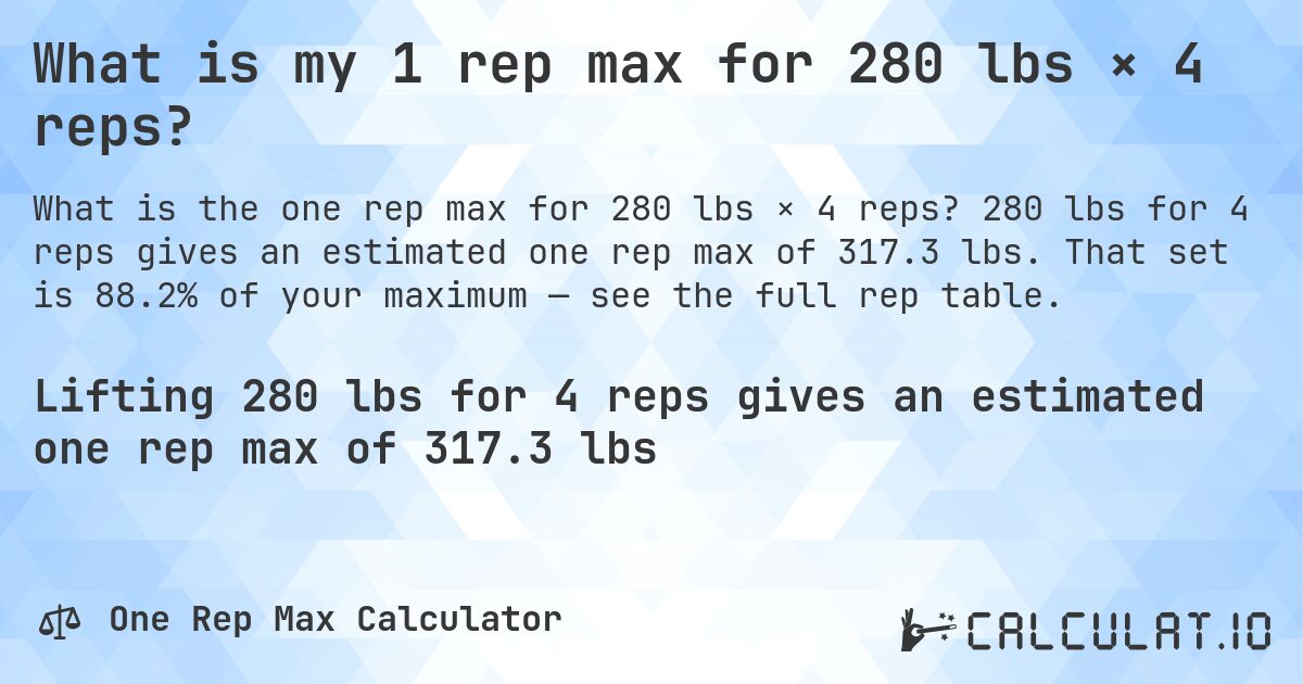 What is my 1 rep max for 280 lbs × 4 reps?. 280 lbs for 4 reps gives an estimated one rep max of 317.3 lbs. That set is 88.2% of your maximum — see the full rep table.