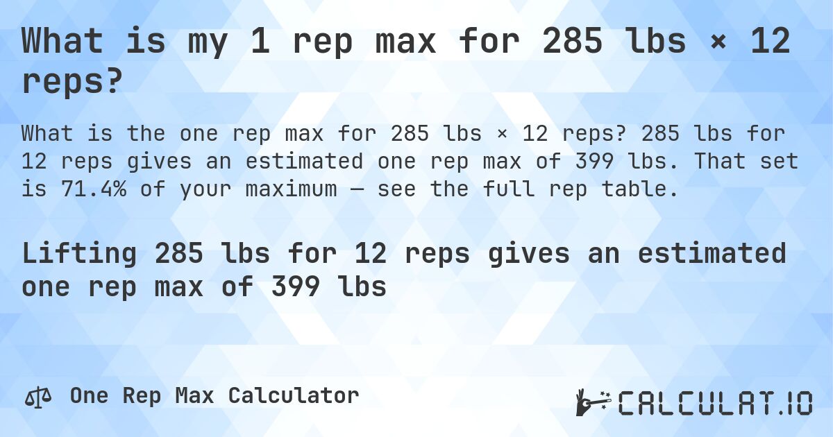 What is my 1 rep max for 285 lbs × 12 reps?. 285 lbs for 12 reps gives an estimated one rep max of 399 lbs. That set is 71.4% of your maximum — see the full rep table.