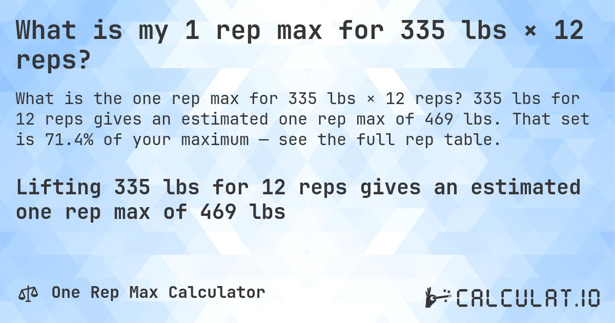 What is my 1 rep max for 335 lbs × 12 reps?. 335 lbs for 12 reps gives an estimated one rep max of 469 lbs. That set is 71.4% of your maximum — see the full rep table.