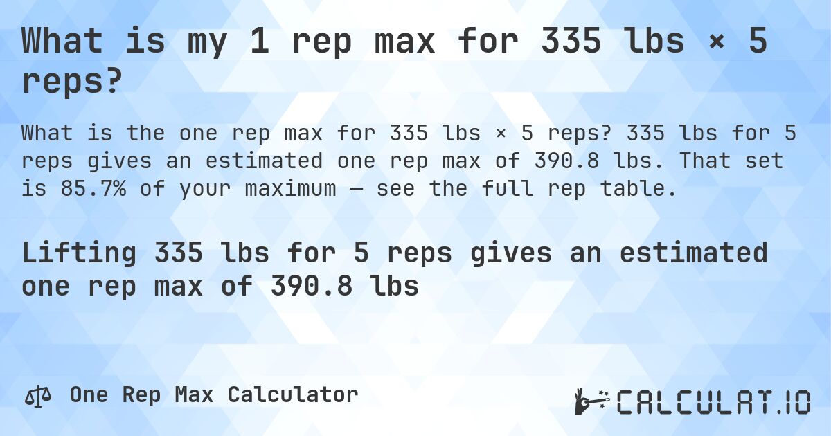 What is my 1 rep max for 335 lbs × 5 reps?. 335 lbs for 5 reps gives an estimated one rep max of 390.8 lbs. That set is 85.7% of your maximum — see the full rep table.