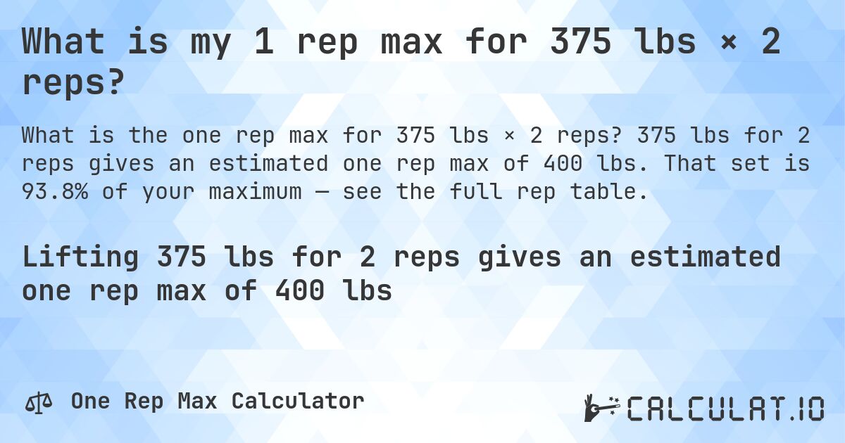 What is my 1 rep max for 375 lbs × 2 reps?. 375 lbs for 2 reps gives an estimated one rep max of 400 lbs. That set is 93.8% of your maximum — see the full rep table.
