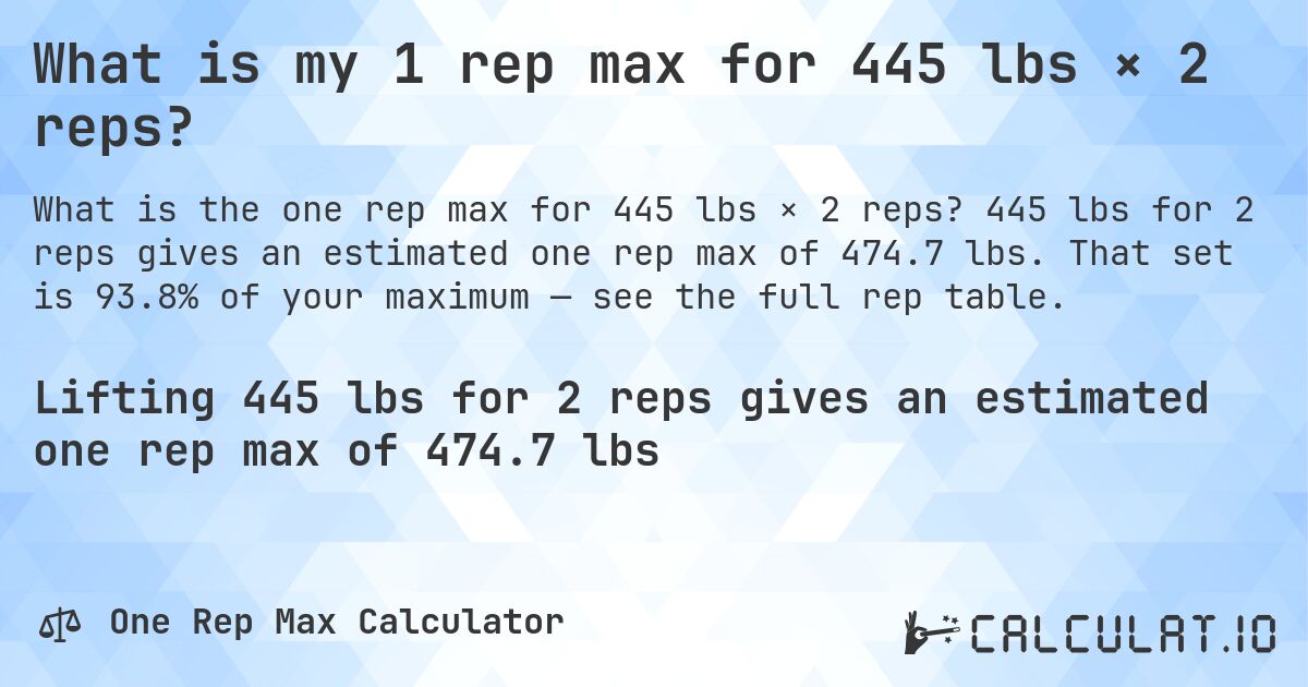 What is my 1 rep max for 445 lbs × 2 reps?. 445 lbs for 2 reps gives an estimated one rep max of 474.7 lbs. That set is 93.8% of your maximum — see the full rep table.