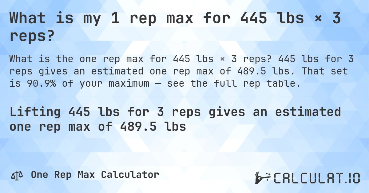 What is my 1 rep max for 445 lbs × 3 reps?. 445 lbs for 3 reps gives an estimated one rep max of 489.5 lbs. That set is 90.9% of your maximum — see the full rep table.