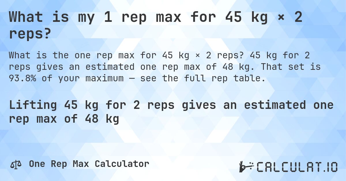 What is my 1 rep max for 45 kg × 2 reps?. 45 kg for 2 reps gives an estimated one rep max of 48 kg. That set is 93.8% of your maximum — see the full rep table.
