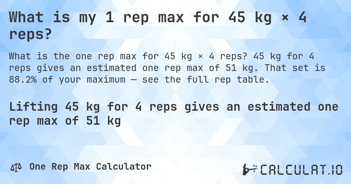 What is my 1 rep max for 45 kg × 4 reps?. 45 kg for 4 reps gives an estimated one rep max of 51 kg. That set is 88.2% of your maximum — see the full rep table.
