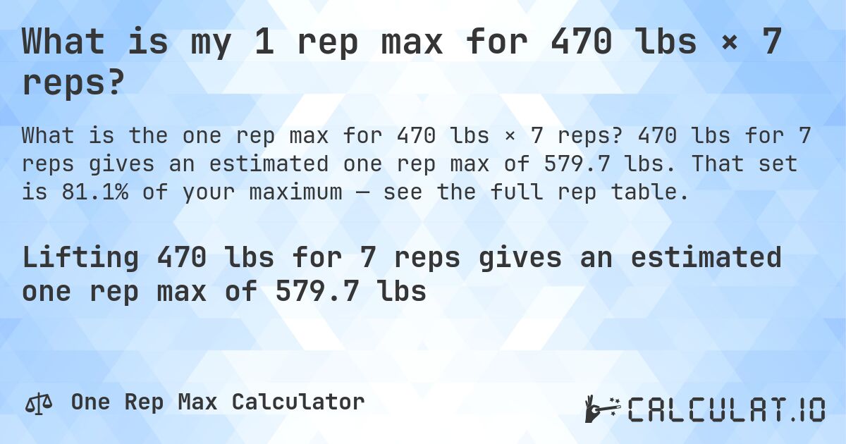 What is my 1 rep max for 470 lbs × 7 reps?. 470 lbs for 7 reps gives an estimated one rep max of 579.7 lbs. That set is 81.1% of your maximum — see the full rep table.