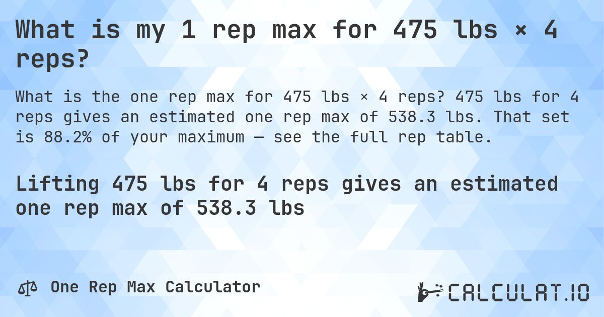 What is my 1 rep max for 475 lbs × 4 reps?. 475 lbs for 4 reps gives an estimated one rep max of 538.3 lbs. That set is 88.2% of your maximum — see the full rep table.