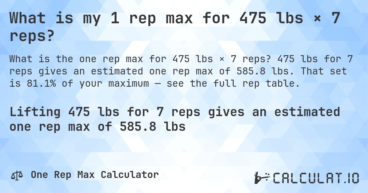 What is my 1 rep max for 475 lbs × 7 reps?. 475 lbs for 7 reps gives an estimated one rep max of 585.8 lbs. That set is 81.1% of your maximum — see the full rep table.