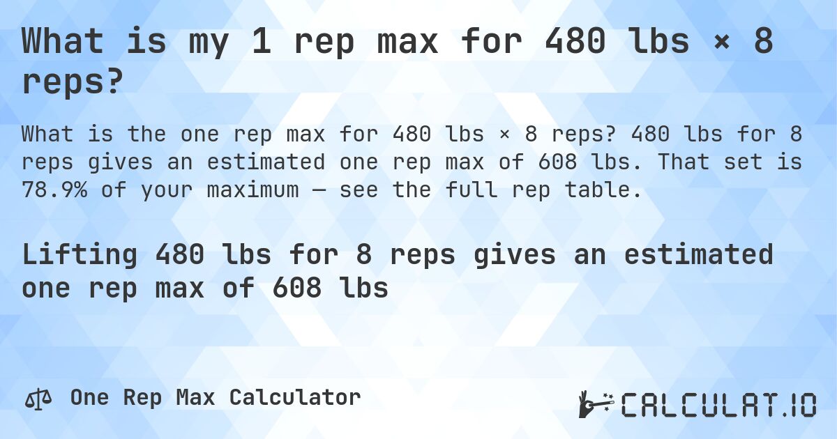 What is my 1 rep max for 480 lbs × 8 reps?. 480 lbs for 8 reps gives an estimated one rep max of 608 lbs. That set is 78.9% of your maximum — see the full rep table.