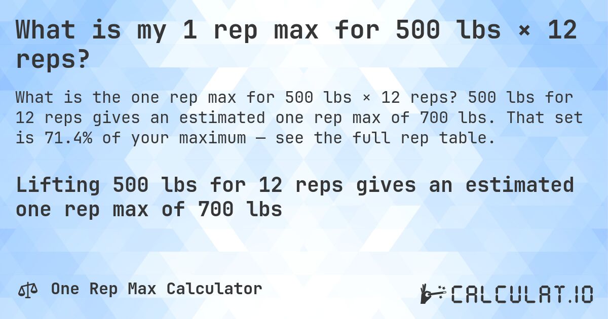 What is my 1 rep max for 500 lbs × 12 reps?. 500 lbs for 12 reps gives an estimated one rep max of 700 lbs. That set is 71.4% of your maximum — see the full rep table.