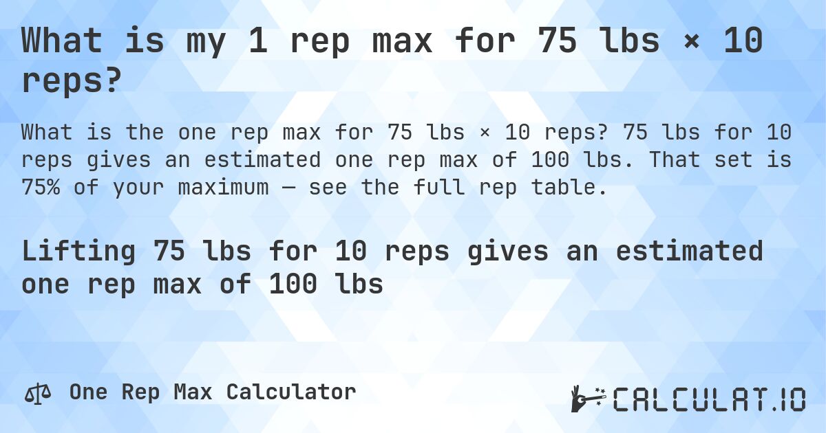 What is my 1 rep max for 75 lbs × 10 reps?. 75 lbs for 10 reps gives an estimated one rep max of 100 lbs. That set is 75% of your maximum — see the full rep table.