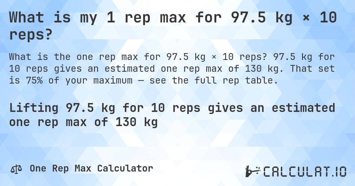What is my 1 rep max for 97.5 kg × 10 reps?. 97.5 kg for 10 reps gives an estimated one rep max of 130 kg. That set is 75% of your maximum — see the full rep table.