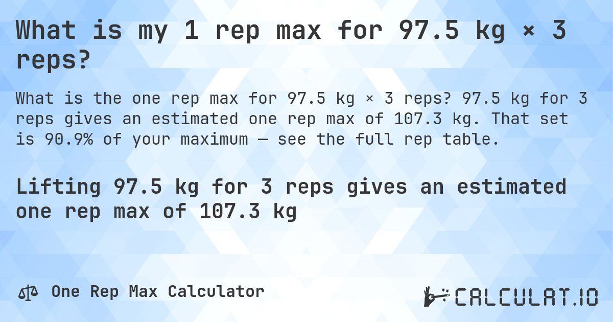 What is my 1 rep max for 97.5 kg × 3 reps?. 97.5 kg for 3 reps gives an estimated one rep max of 107.3 kg. That set is 90.9% of your maximum — see the full rep table.
