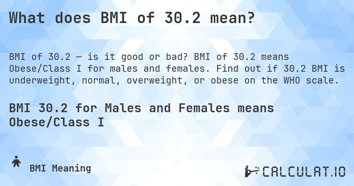 What does BMI of 30.2 mean?. BMI of 30.2 means Obese/Class I for males and females. Find out if 30.2 BMI is underweight, normal, overweight, or obese on the WHO scale.