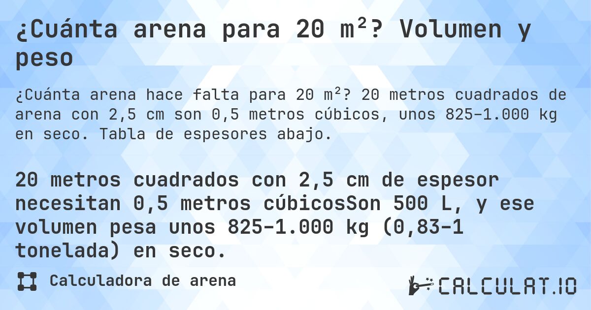 ¿Cuánta arena para 20 m²? Volumen y peso. 20 metros cuadrados de arena con 2,5 cm son 0,5 metros cúbicos, unos 825–1.000 kg en seco. Tabla de espesores abajo.