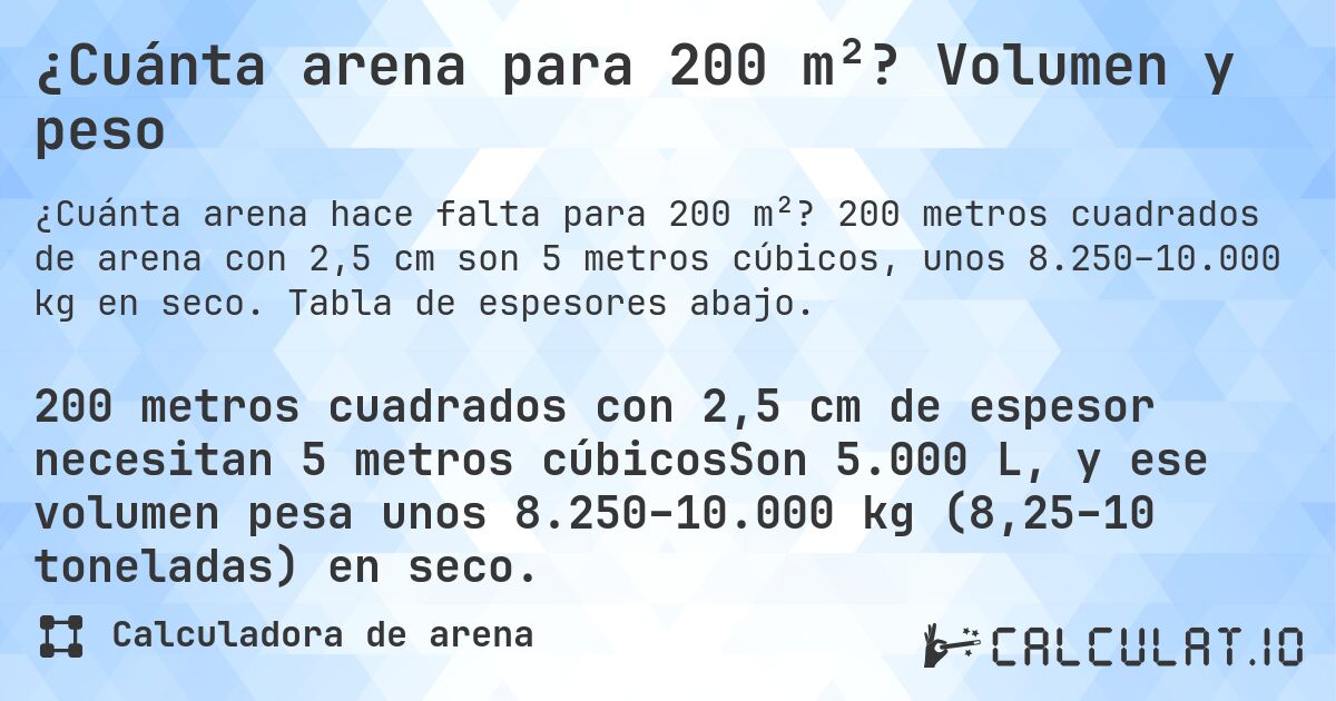 ¿Cuánta arena para 200 m²? Volumen y peso. 200 metros cuadrados de arena con 2,5 cm son 5 metros cúbicos, unos 8.250–10.000 kg en seco. Tabla de espesores abajo.