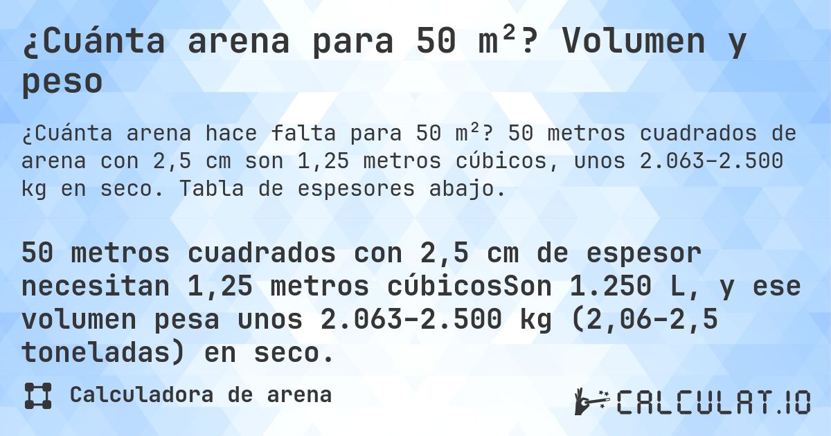 ¿Cuánta arena para 50 m²? Volumen y peso. 50 metros cuadrados de arena con 2,5 cm son 1,25 metros cúbicos, unos 2.063–2.500 kg en seco. Tabla de espesores abajo.