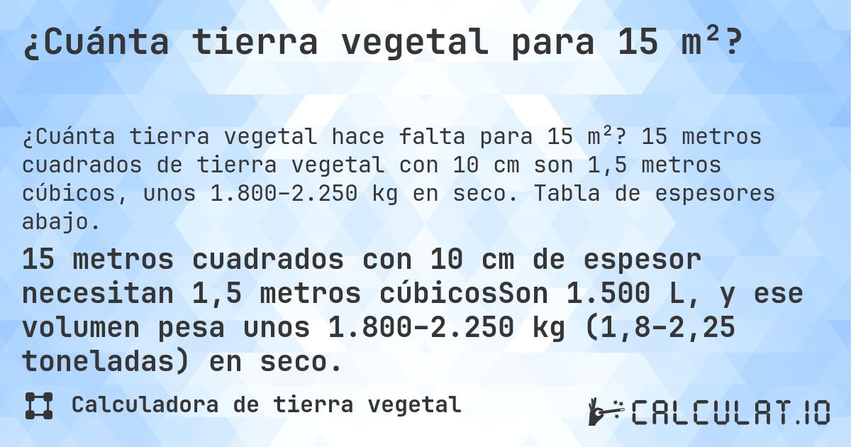 ¿Cuánta tierra vegetal para 15 m²?. 15 metros cuadrados de tierra vegetal con 10 cm son 1,5 metros cúbicos, unos 1.800–2.250 kg en seco. Tabla de espesores abajo.