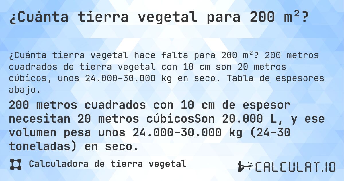 ¿Cuánta tierra vegetal para 200 m²?. 200 metros cuadrados de tierra vegetal con 10 cm son 20 metros cúbicos, unos 24.000–30.000 kg en seco. Tabla de espesores abajo.